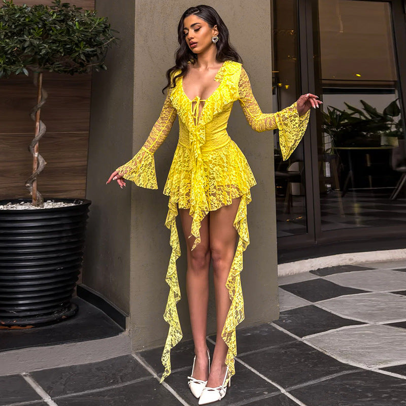 Women Clothing Lace Lotus Leaf Streamer Long Sleeve with Safety Pants Short Dress Bella Mia