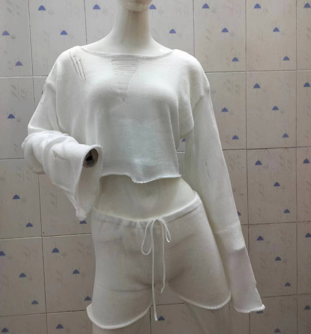 Knitted Two Piece Women Spring Summer Seaside Vacation Sun Protection Short Top Sexy Shorts Suit Bella Mia