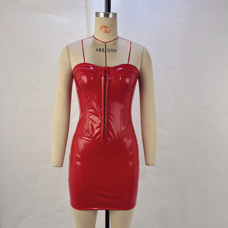 Leather Tube Top Package Hip Dress Autumn Sexy Backless Waist Trimming Off Neck Women Dress Bella Mia