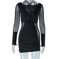 Solid Color Sexy Deep V Plunge Neck Dress Mesh Stitching Long Sleeves Hip Pullover Dress Bella Mia