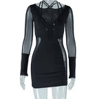 Solid Color Sexy Deep V Plunge Neck Dress Mesh Stitching Long Sleeves Hip Pullover Dress Bella Mia