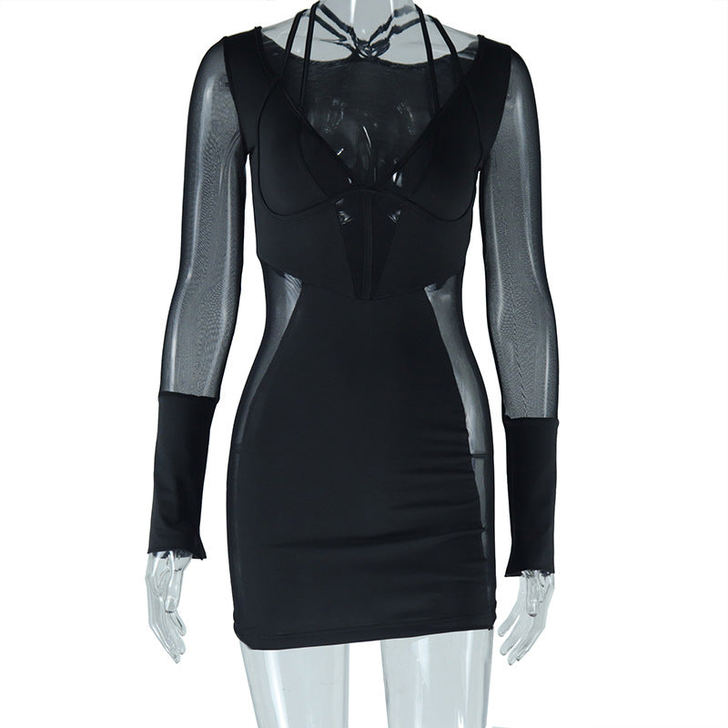 Solid Color Sexy Deep V Plunge Neck Dress Mesh Stitching Long Sleeves Hip Pullover Dress Bella Mia
