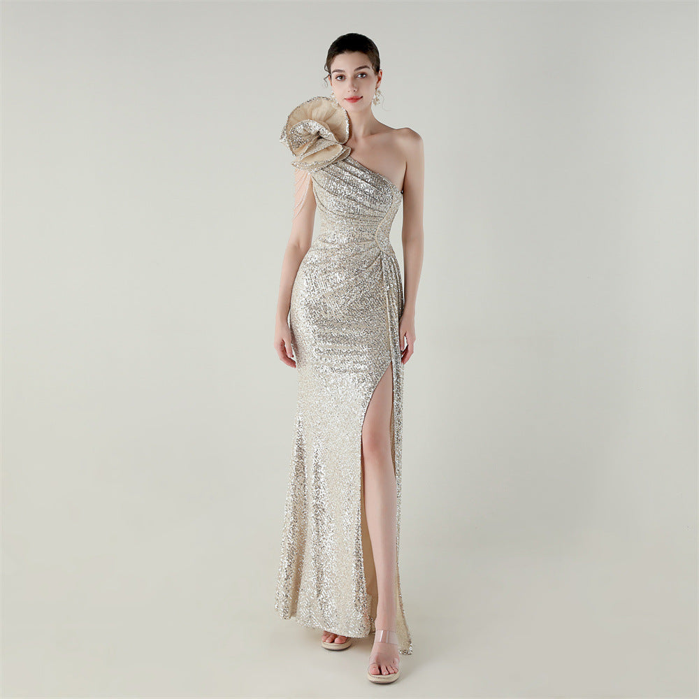 Craft Floral Beaded One Shoulder Diagonal Collar Fishtail Evening Dress Dinner Wedding Awards Ceremony Social Dress Bella Mia