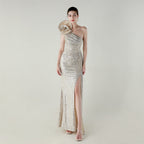 Craft Floral Beaded One Shoulder Diagonal Collar Fishtail Evening Dress Dinner Wedding Awards Ceremony Social Dress Bella Mia