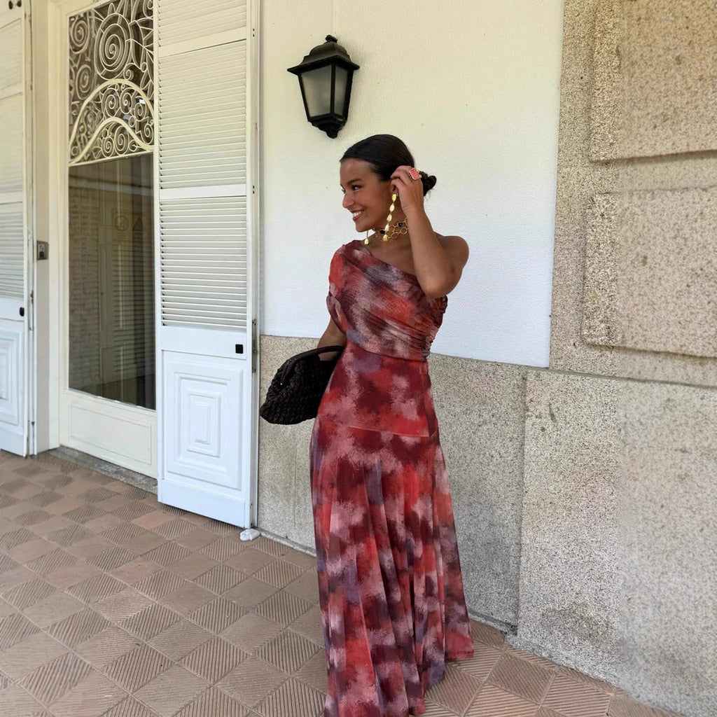 Printed Mesh off Shoulder Vacation Slim Fit Bottoming Dress Bella Mia