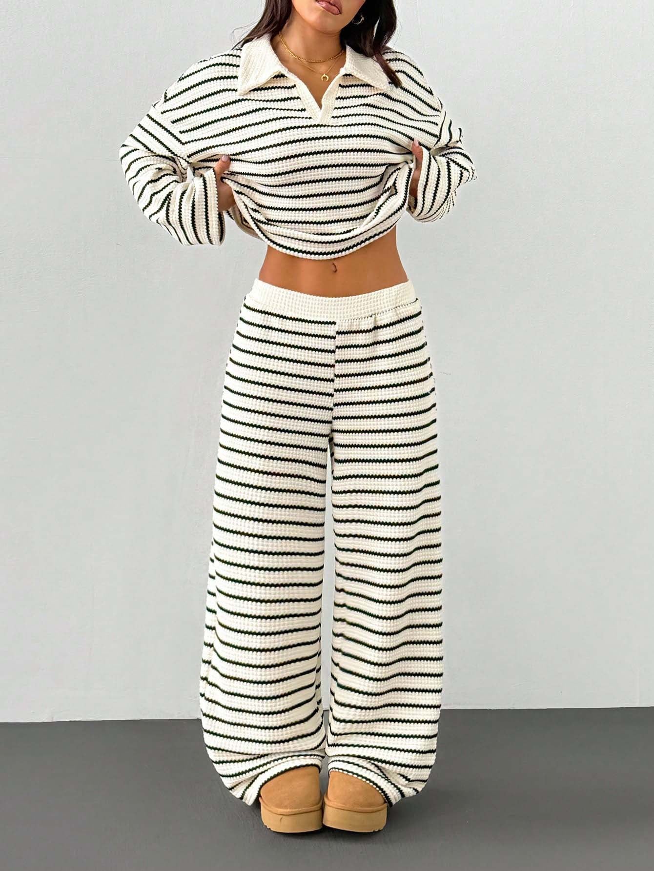Striped Knitted Contrast Color Lapels V neck Long Sleeved Top Casual Two Piece Sets