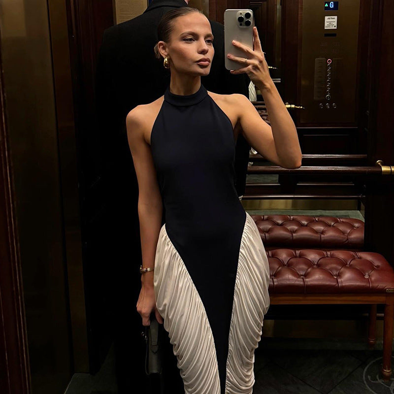 Summer Women Clothing Sexy Halter Backless Pleated Contrast Color Slim Fit Sheath Dress Bella Mia