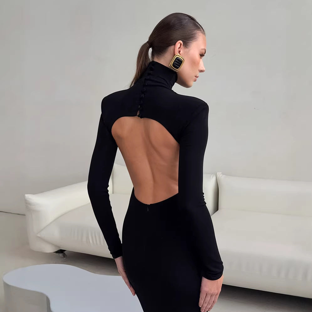 Spring Elegant Black Sexy Backless Knitted Slim Fit Long Sleeved Turtleneck Dress for Women Bella Mia