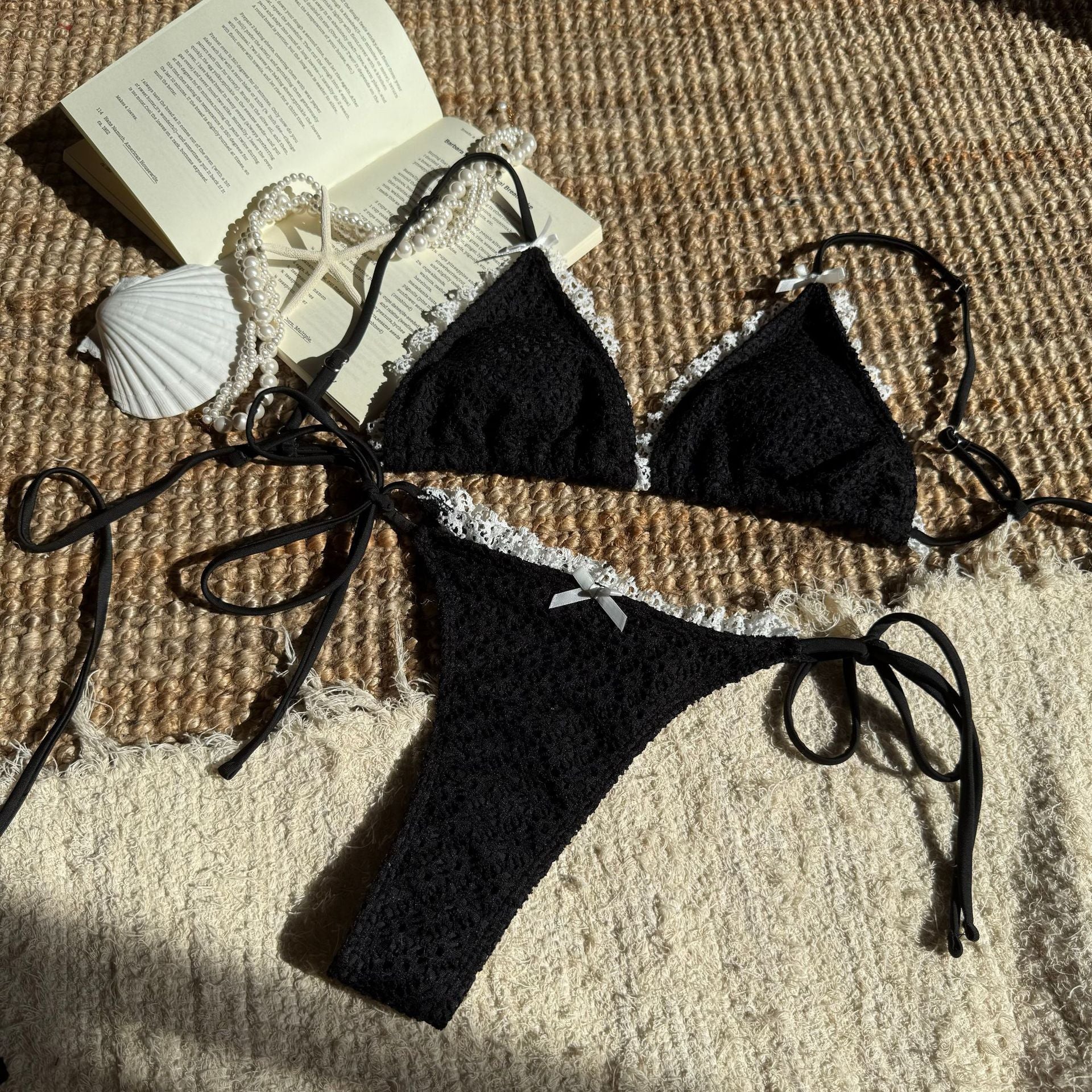 Contrast Color Bow Flounce Trim Lace up Sexy Backless Split Swimsuit Bikini Bella Mia
