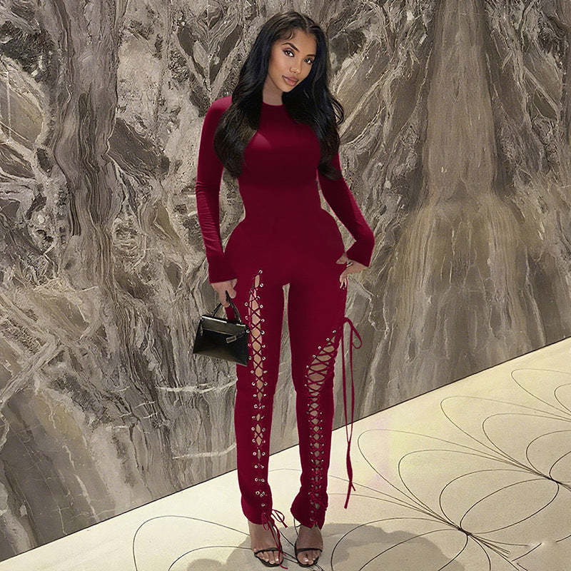 Fall Sexy Solid Color Waist Tight Hollow Out Cutout out Strap Tight Jumpsuit Bella Mia