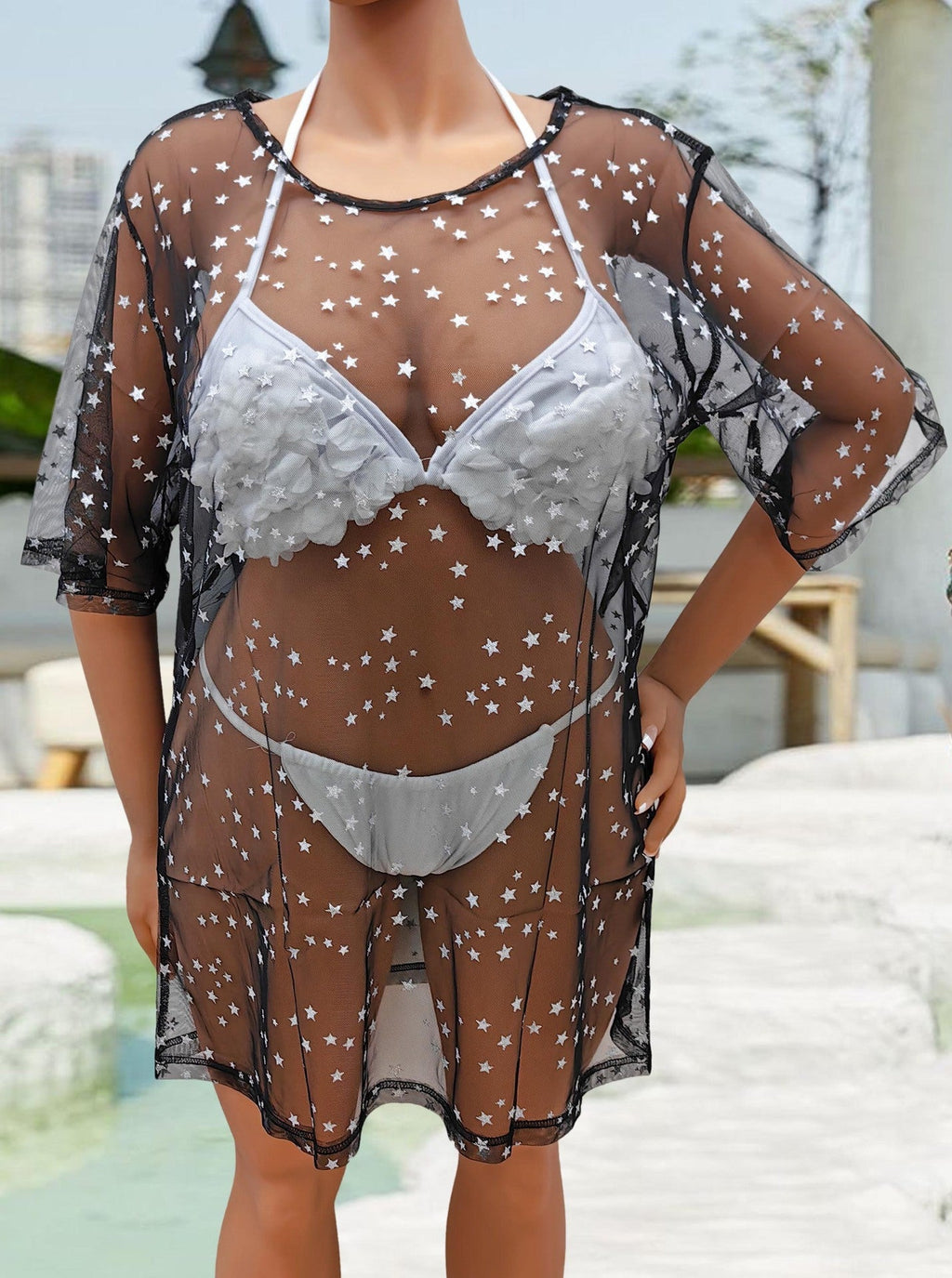 Beach Overclothes Women Dress Sexy Sheer Mesh Long Gilding Pattern T Shirt Bikini Cover up Bella Mia
