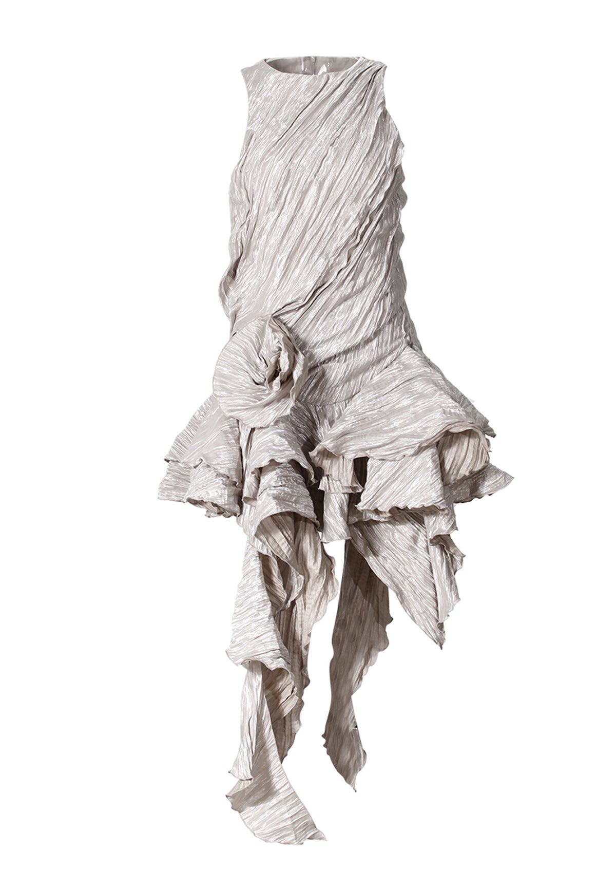 Pleated Three Dimensional Dress Summer Retro Floral Texture Irregular Asymmetric Ruffled Sleeveless Dress Bella Mia