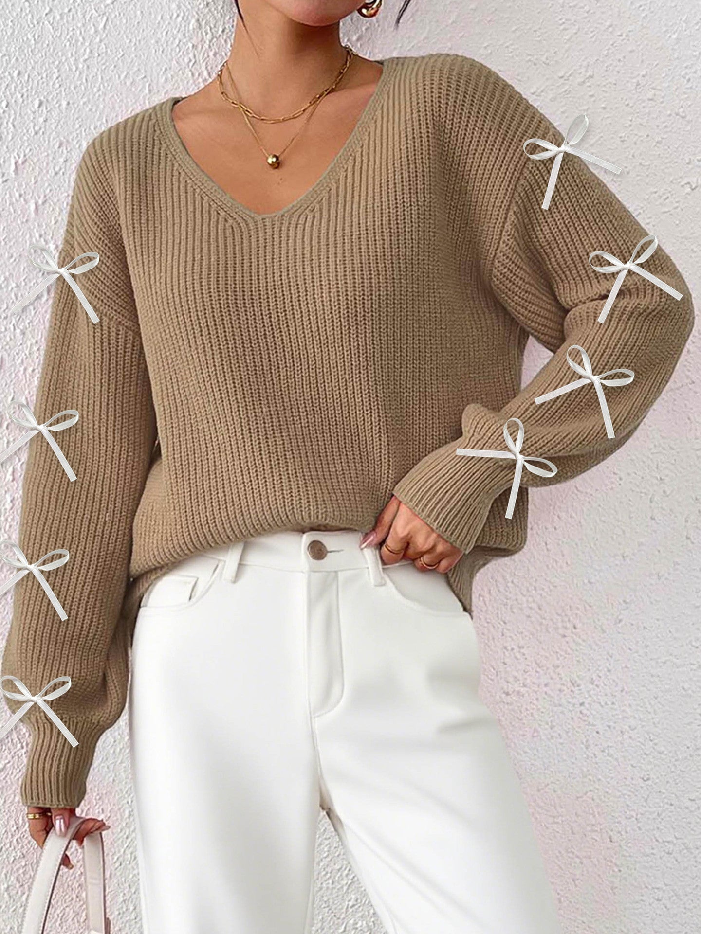 Women Autumn Winter Coat Women Clothing Ribbon Bow Decorative Woven Pullover Bella Mia
