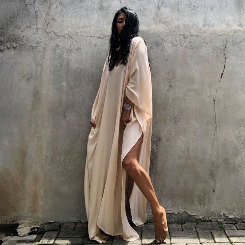 Rayon Solid Color Blouse Seaside Vacation Dress Loose Overclothes Bikini Swimsuit Robe Outer Wear Women Bella Mia