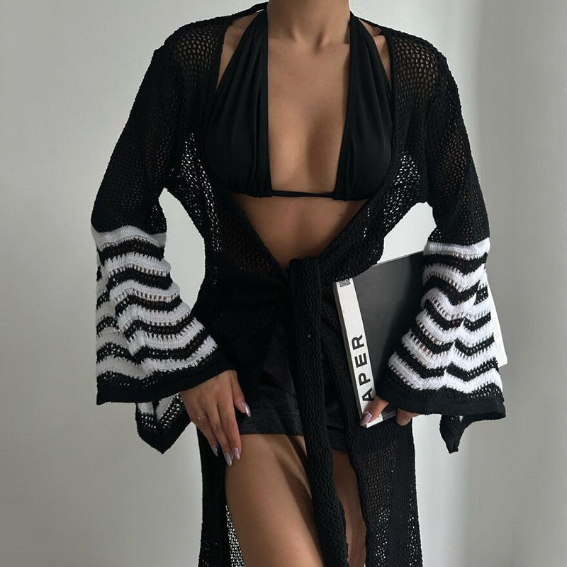Summer Vacation Beach Dress Sexy Knitting Bikini Smock Dress Lace Up Bell Sleeve Dress Women Bella Mia