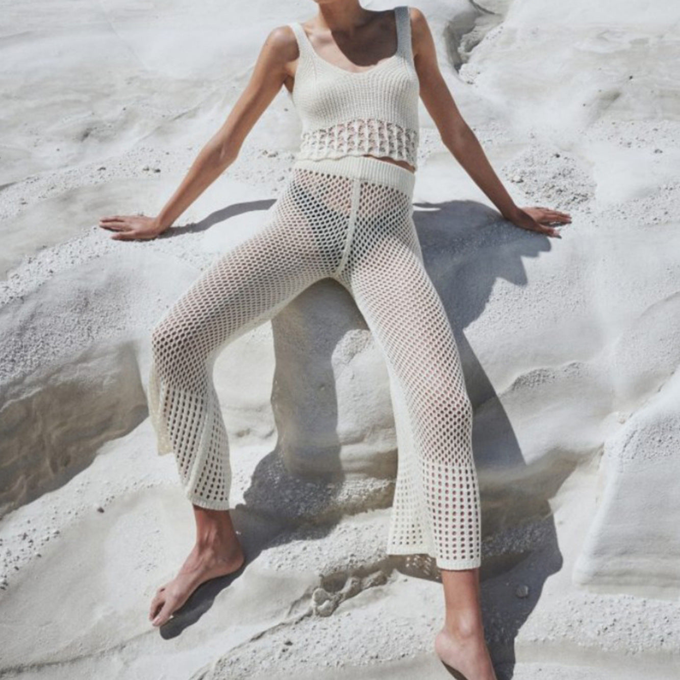 Sexy Hollow Out Cutout out See through Loose Sleeveless Beach Shirt Casual Vacation Trousers Sun Proof Set Bella Mia