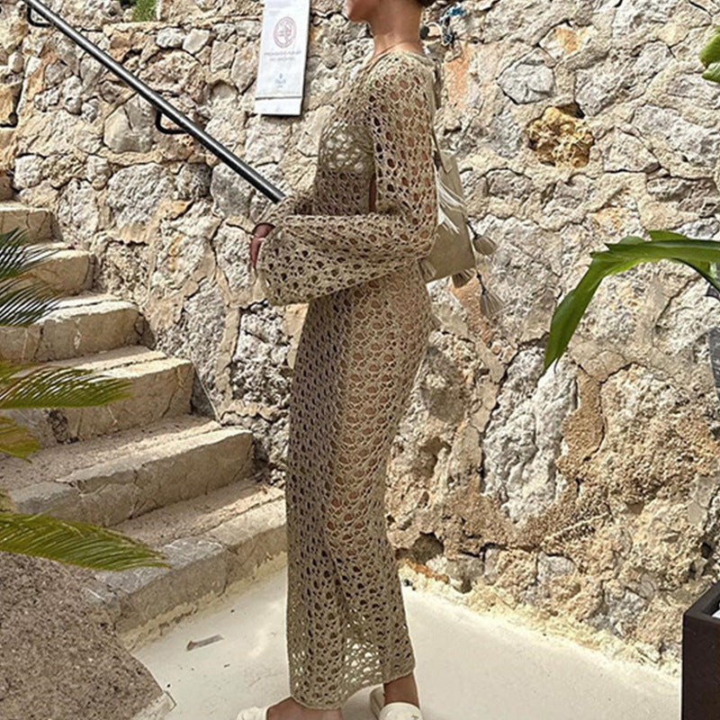 Women Clothes Sexy Hollow Out Cutout Long Sleeved round Neck Maxi Dress Holiday Beach Overskirt Crochet hook Bella Mia