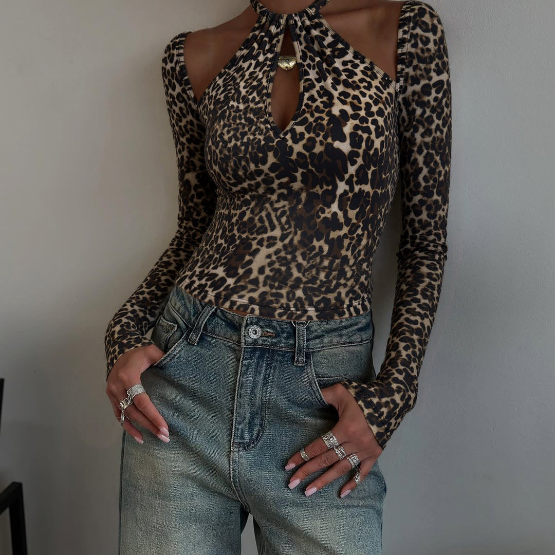 Women Clothing Autumn Sexy Vintage Leopard Print Halterneck Long Sleeved Sexy Top for Women Bella Mia