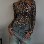 Women Clothing Autumn Sexy Vintage Leopard Print Halterneck Long Sleeved Sexy Top for Women Bella Mia