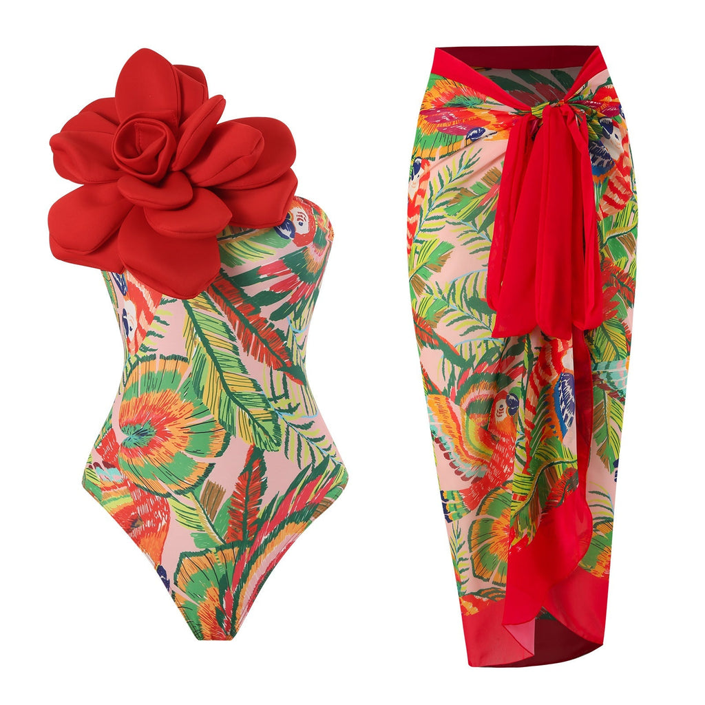 One Piece Swimsuit Women Skinny Slimming Big Floral Swimsuit Outfit Chiffon Dress Bella Mia