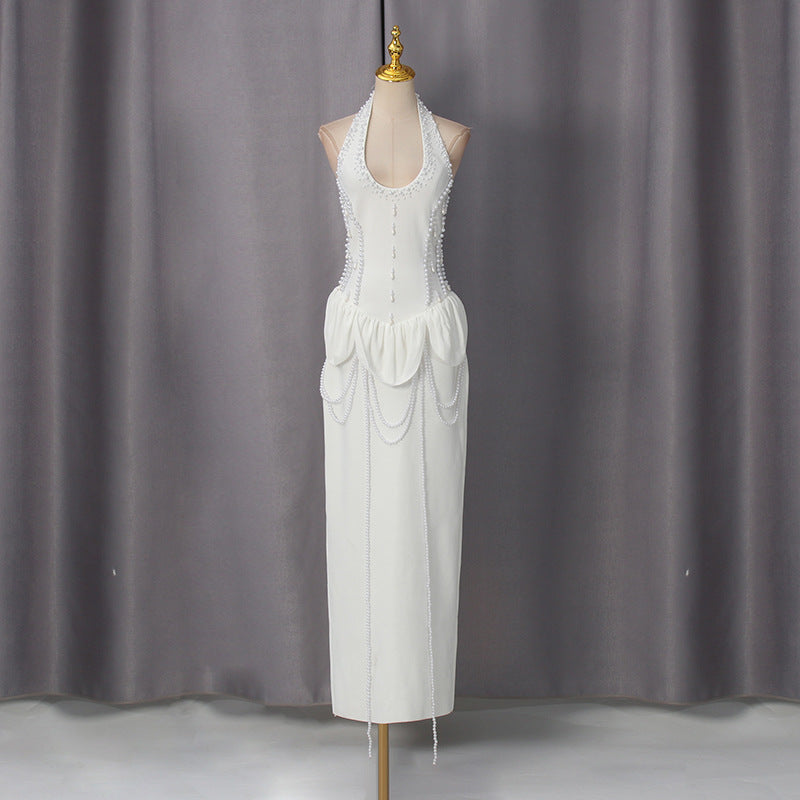 French Halter Solid Color Dress Spring Waist Tight Slimming Sheath Diamond Beaded Dress Women Bella Mia