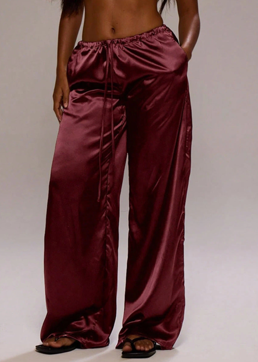 Women Clothing Trendy Autumn Satin Satin Casual Pants Loose Wide Leg Drawstring Long Pants Bella Mia