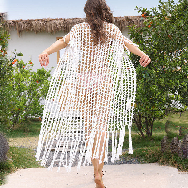 Knitted Tassel Beach Cover up Sexy Mesh Hollow Out Loose Vacation Cardigan Bikini Cover Bella Mia