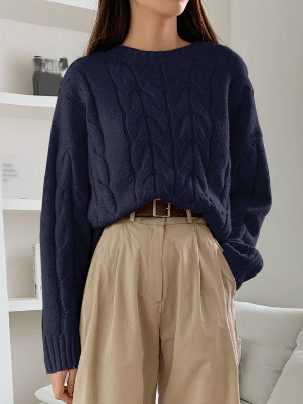 Autumn Winter Women Cable Knit Pullover Sweater Loose round Neck Solid Color All Matching Trendy Knitwear Top Bella Mia