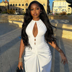 Women Clothing Pleated Sexy Cutout Hip Slim Fit Turtleneck Sleeveless Solid Color Length Dress Bella Mia