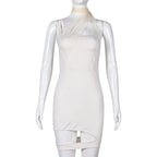 Women Clothing Spring Mesh Stitching Halter Cut out Irregular Asymmetric Dress Bella Mia