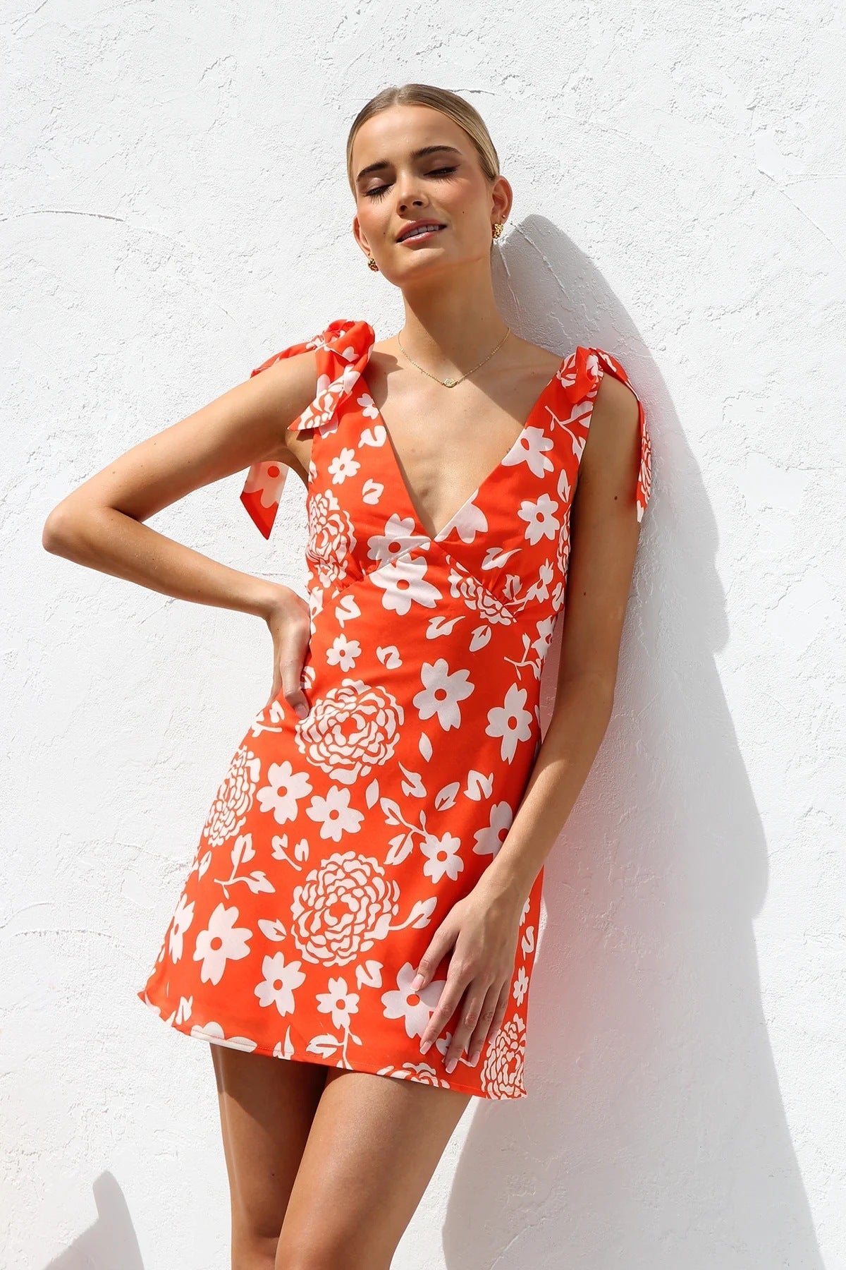 Summer Dress Printed V neck Lace up Mini Sling Dress Bella Mia
