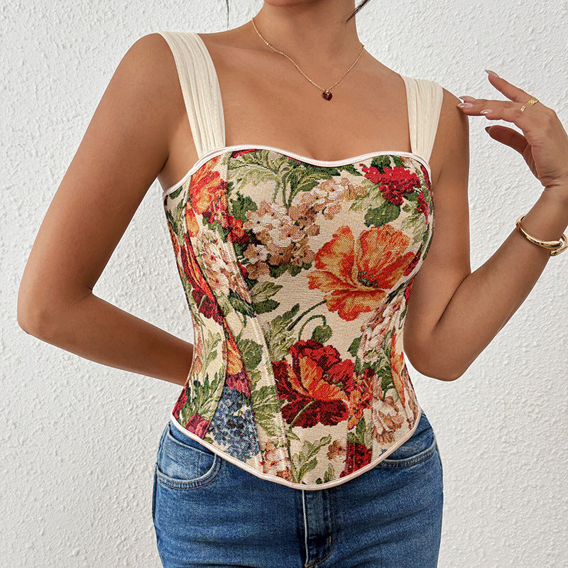 Retro Printed French Boning Corset Slimming Corset Outer Wear Inner Wear Vest Top Sling Bella Mia