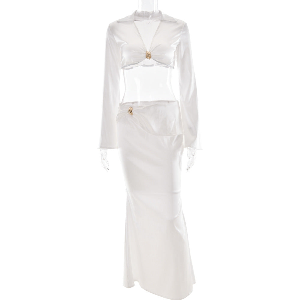 Summer Wind Graceful Satin Women Two Piece Sets Deep V Plunge Long Sleeve Top Sexy Slim Fit Maxi Skirt Bella Mia