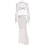 Summer Wind Graceful Satin Women Two Piece Sets Deep V Plunge Long Sleeve Top Sexy Slim Fit Maxi Skirt Bella Mia