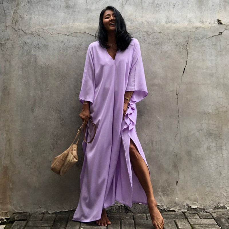 Rayon Solid Color Blouse Seaside Vacation Dress Loose Overclothes Bikini Swimsuit Robe Outer Wear Women Bella Mia