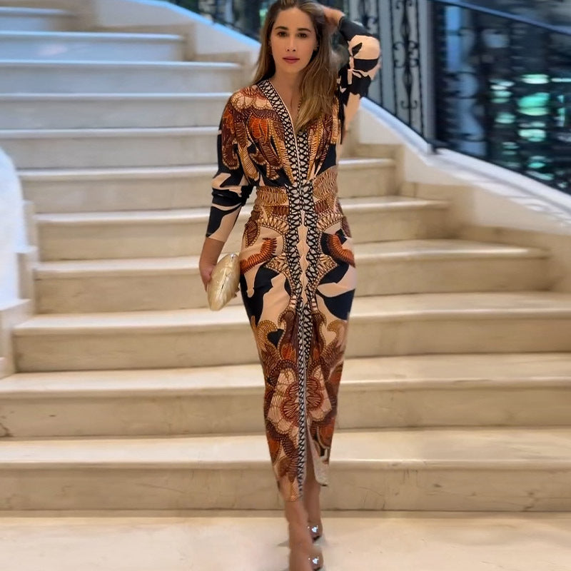Spring Women Wear Short Sleeve V neck Slim Print Dress Bella Mia
