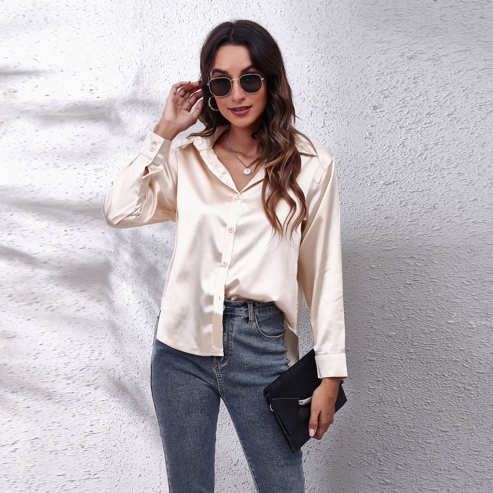Satin Shirt Women Satin Artificial Silk Long Sleeve Shirt Bella Mia