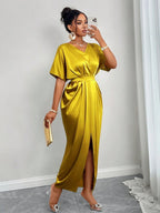 Women Clothing Early Autumn Satin Dress Ball Gown Satin Waist Tight Maxi Dress Bella Mia