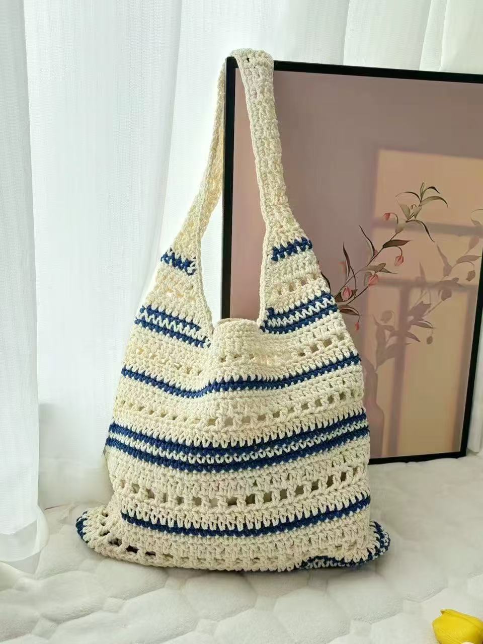 Striped Single Shoulder Cotton Thread Woven Bag Large Capacity Hollow Out Cutout Straw Bag Seaside Vacation Beach Bag