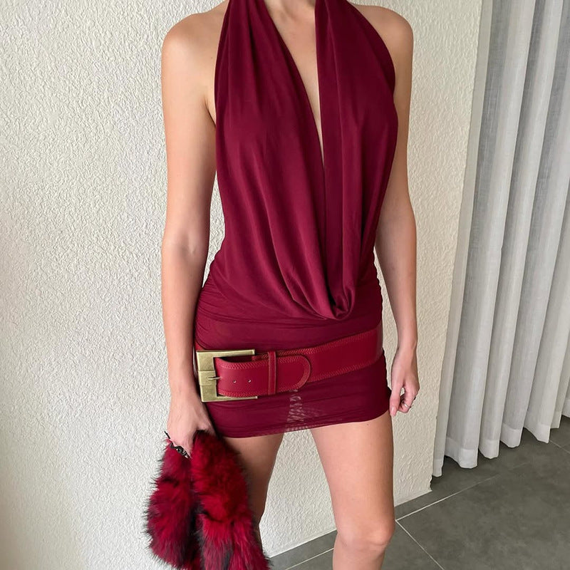 Hollowed out Backless Halter Deep V Plunge Hip Matching Mesh Dress Two Piece Set Bella Mia