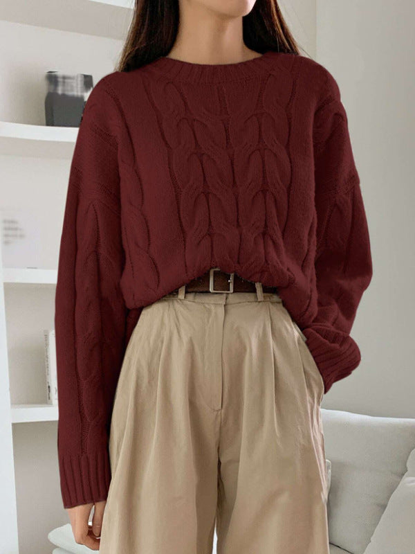 Autumn Winter Women Cable Knit Pullover Sweater Loose round Neck Solid Color All Matching Trendy Knitwear Top Bella Mia