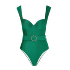 Solid Color One Piece Women Swimwear French Retro Cover Belly Slimming Swimsuit Bella Mia