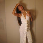 Sexy Women Dress Halter Deep V Plunge neck Backless Maxi Dress Floral Slit Slim Fitting Spring Dress Bella Mia