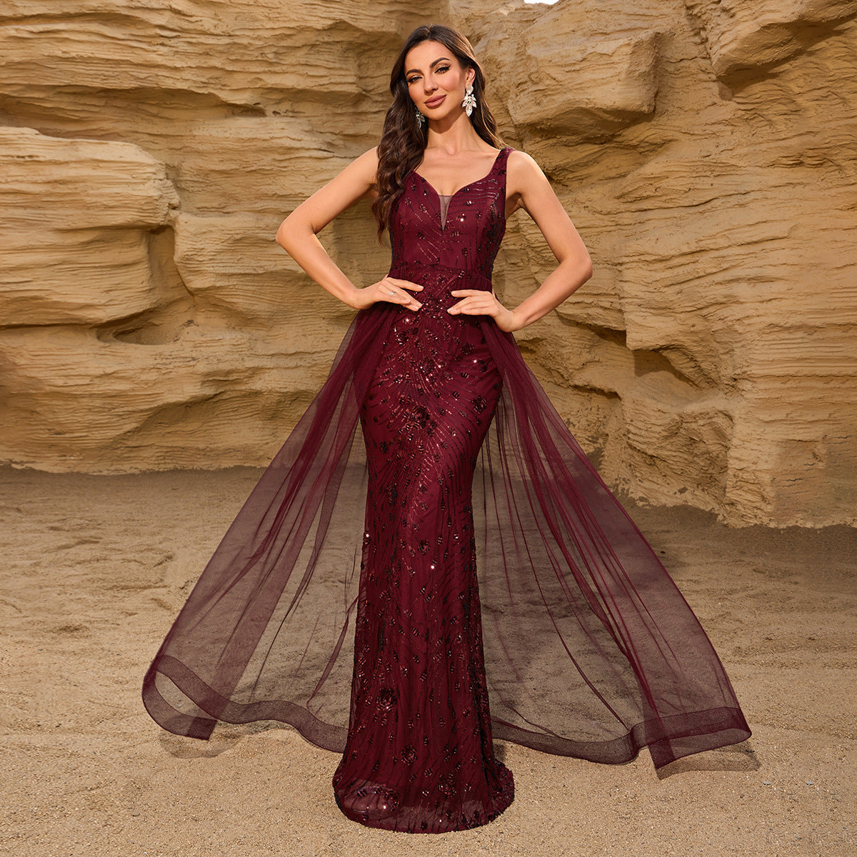 Sequin Stitching Mesh V neck U Back Party Mermaid Dress Classic Wine Red Party Dress Bella Mia