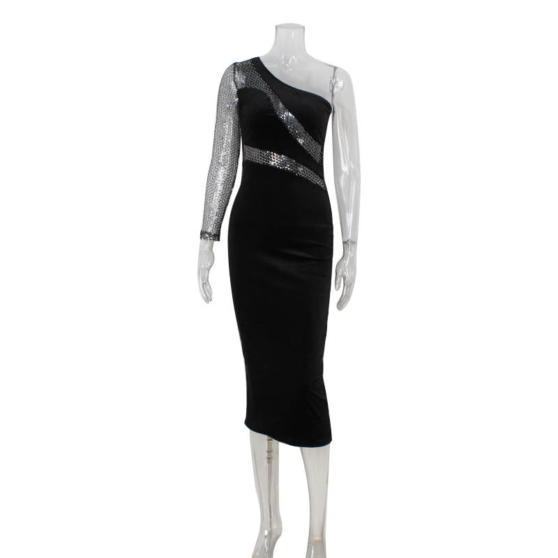 Women Clothing Fashionable Sequ Stitching Shoulder Diagonal Collar Dress Formal Dress Bella Mia