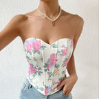 Sexy Low Cut Backless Floral Wrapped Chest Rhombus Boning Corset Waist Vest Bella Mia