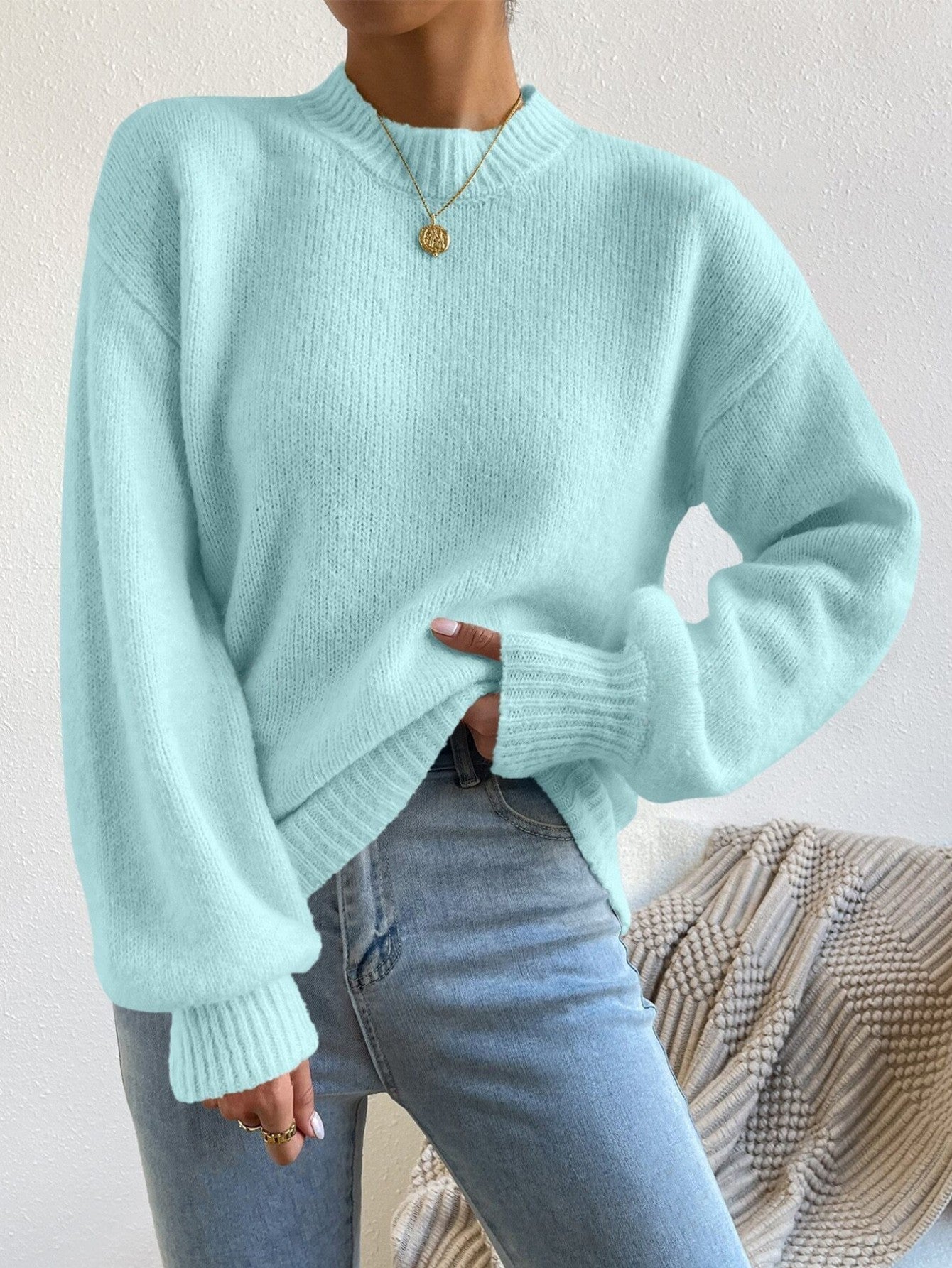 Autumn Winter Autumn Winter Comfortable Casual Loose round Neck Linking Long Sleeve Solid Color Sweater for Women Bella Mia