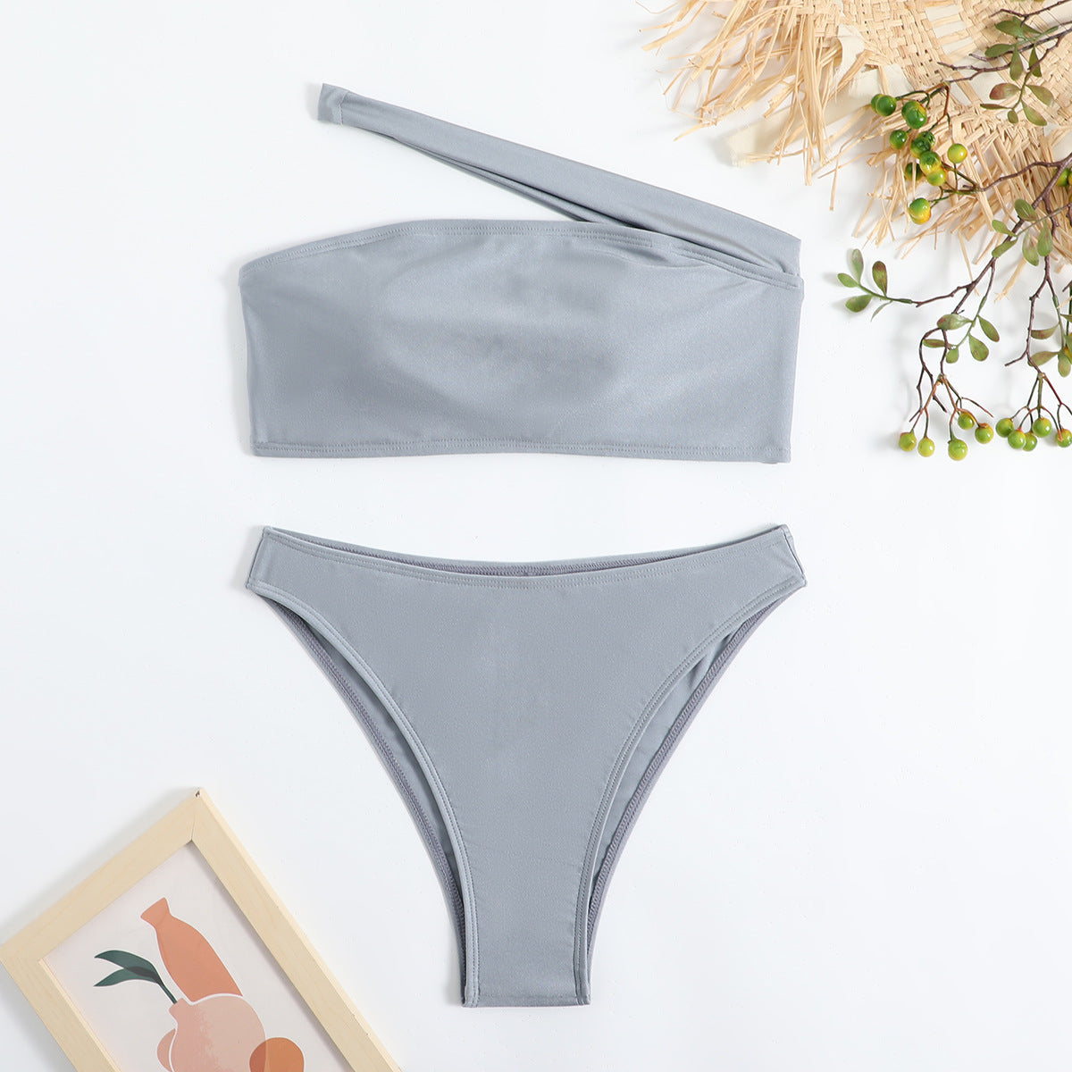 Swimsuit Women Bikini Solid Color Swimsuit Women Single Shoulder Sloping Shoulder Tube Top Bikini Bella Mia