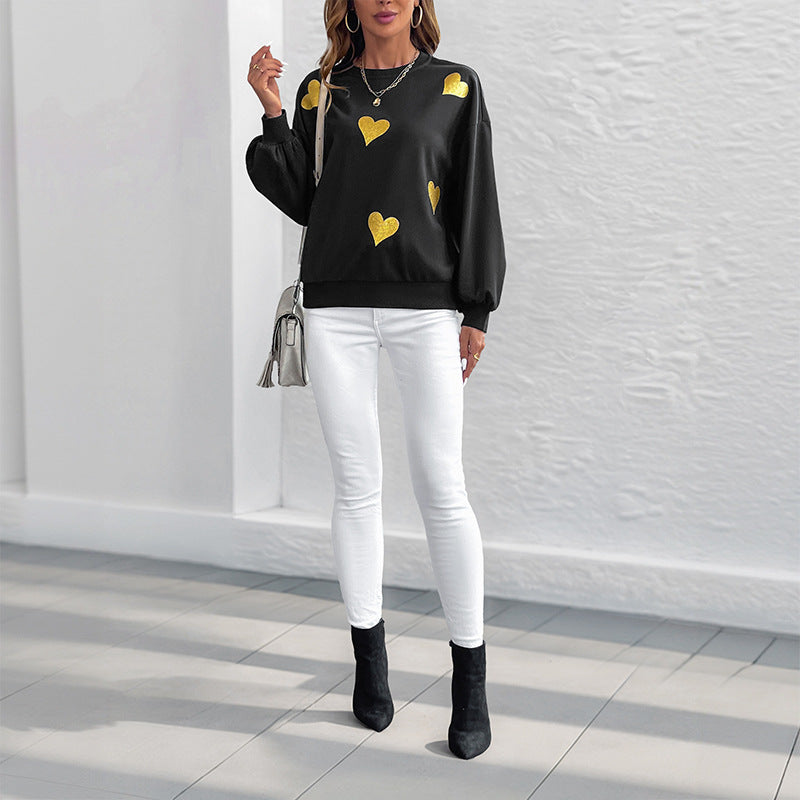 Autumn Romantic Sweet Heart Printing Loose round Neck Long Sleeve Sweatshirts