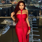Solid Color Elegant Women Backless Lace up Tube Top Hip Pleated off Neck Dress Cocktail Dress Bella Mia